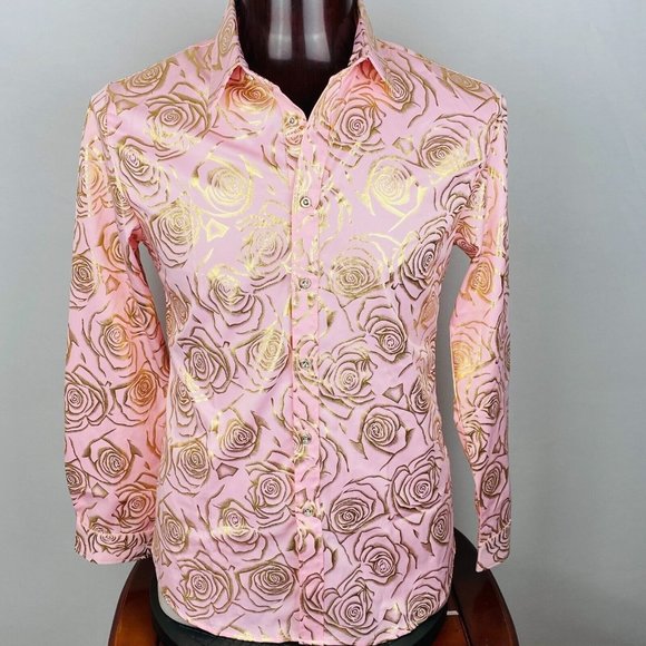 Zeroyaa Artsy Gold Metallic Allover Rose Floral Print Men's M Long Sleeve Shirt - Picture 1 of 4